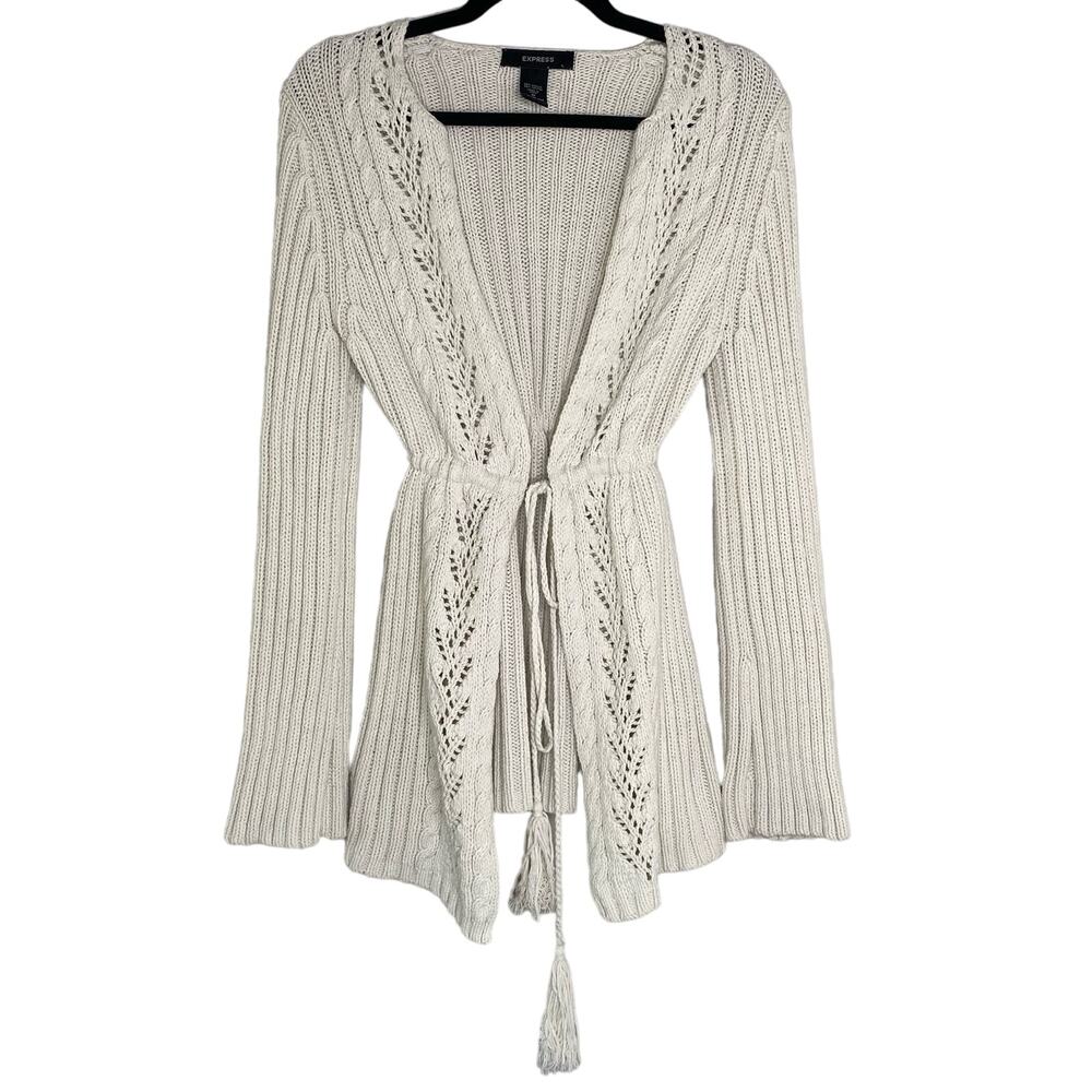 VTG Express Cream Cable Knit Tie Front Cardigan Medium